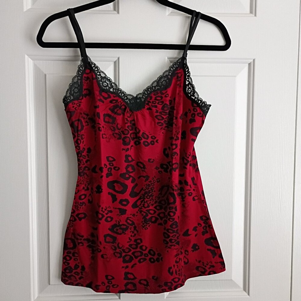 EXPRESS Top Red & Black Animal Print Lace Cami Spaghetti Straps Size M